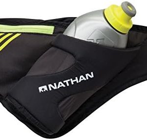 Nathan Peak Running Hydration Waist Pack Belt w/ Speed Draw Flask Water Bottle, 18oz/535 ml Push/Pull Race Cap, Expandable Zippered Stretch Pocket